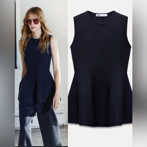 NWOT Zara Knit Peplum Top Navy Classic Office Street Chic Casual , size Large